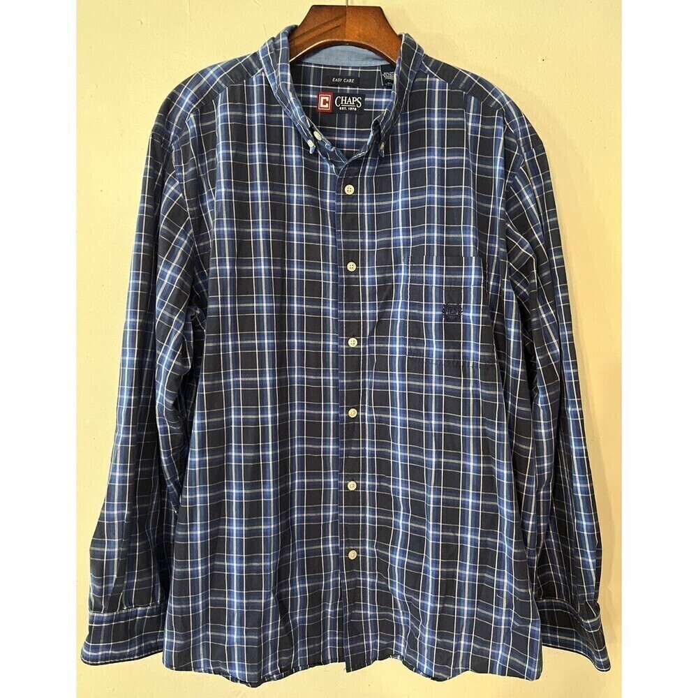 EUC Chaps Ralph Lauren Easy Care Button-Up Shirt Blue Plaid Long Sleeve Mens XXL